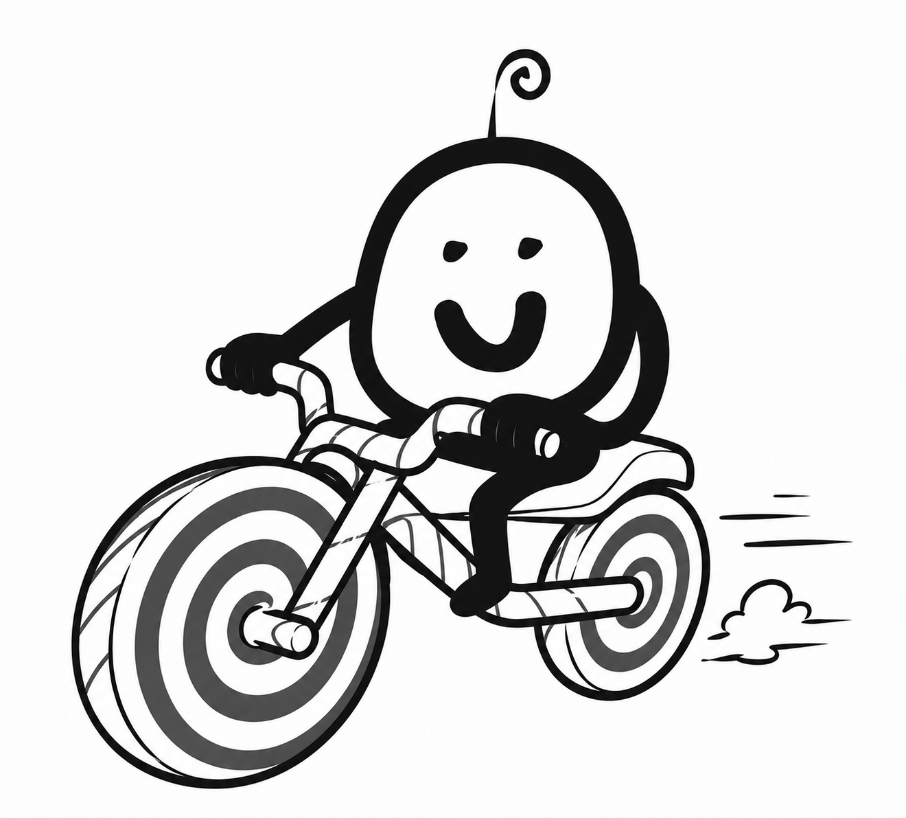 Bilby riding a bike with big swirly lollipop wheels